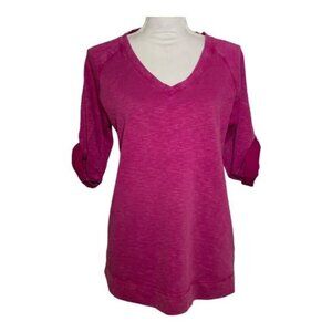 Orvis Cotton V Neck Tunic Sweatshirt Purple Pink Small Casual 3/4 Sleeve